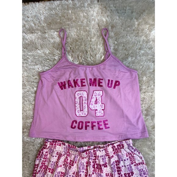 Coffee Wake Me Up PJ Short Set Pink and white Cropped Tank Size Large RefFNB - Picture 5 of 7